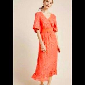 Beautiful Farm Rio dress with crochet detail in a rosey orange color. Size M